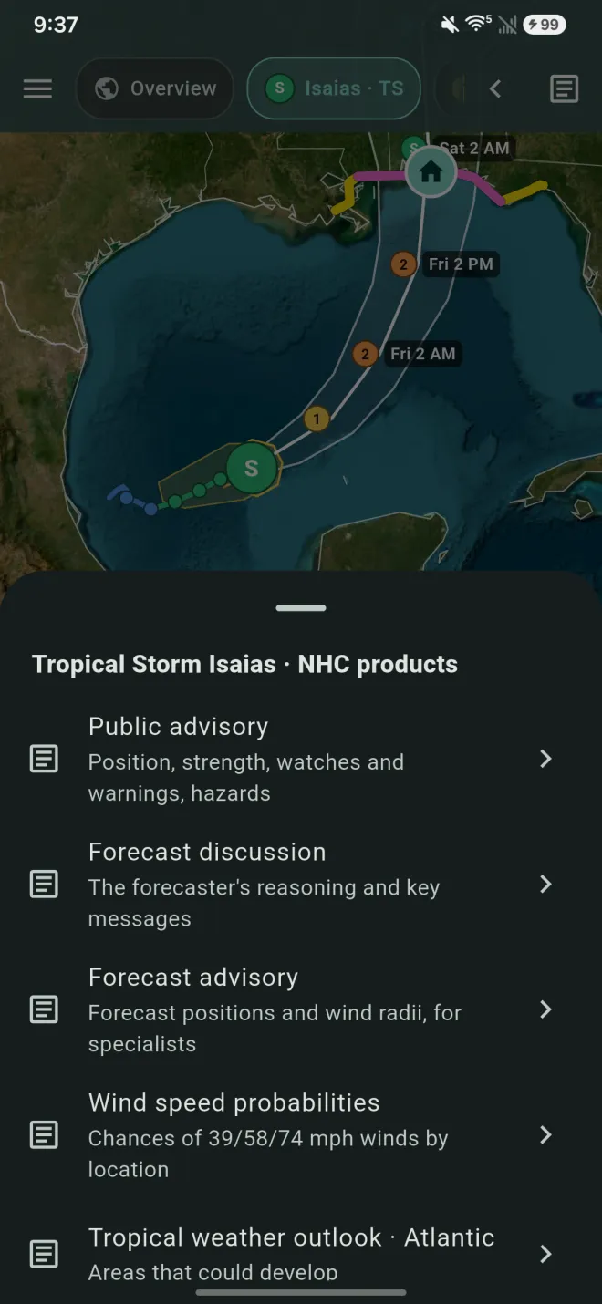 List of NHC products for a storm